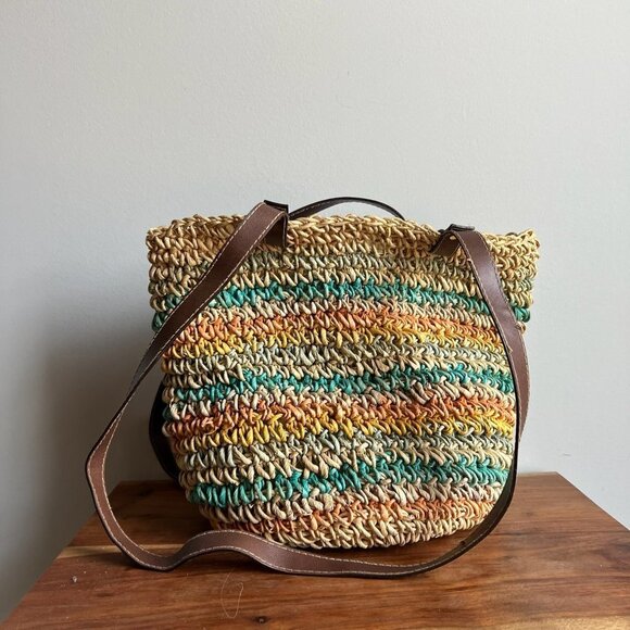 Cappelli Straworld Handbags - LAST CHANCE Retro Capelli Straworld Multicolored Woven Knit Straw Bucket Bag